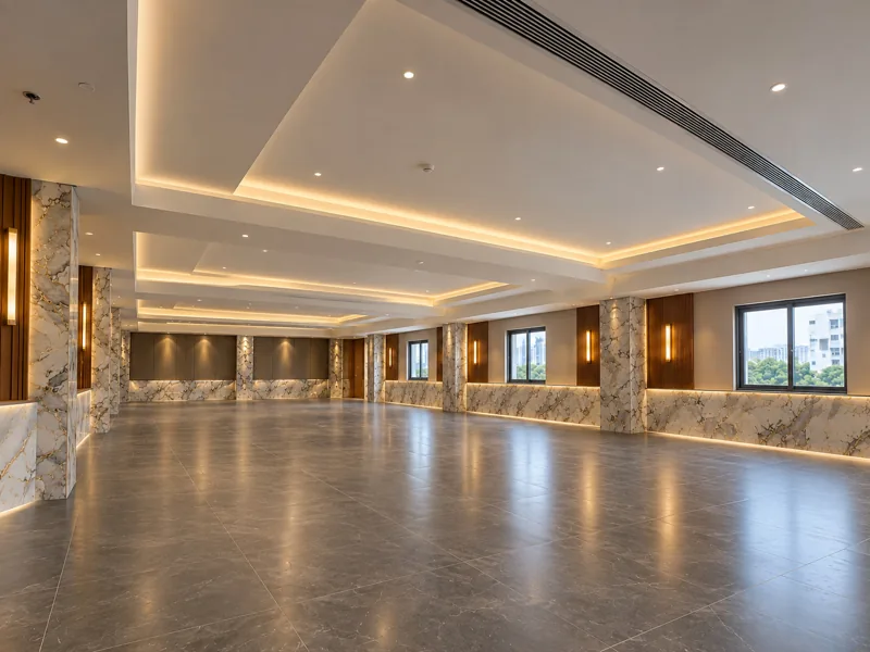 Banquet hall with marble-clad pillars at Amāra Hotel, Nizamabad