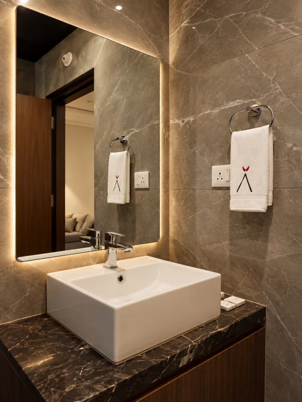 Bathroom vanity with backlit mirror at Amāra Hotel