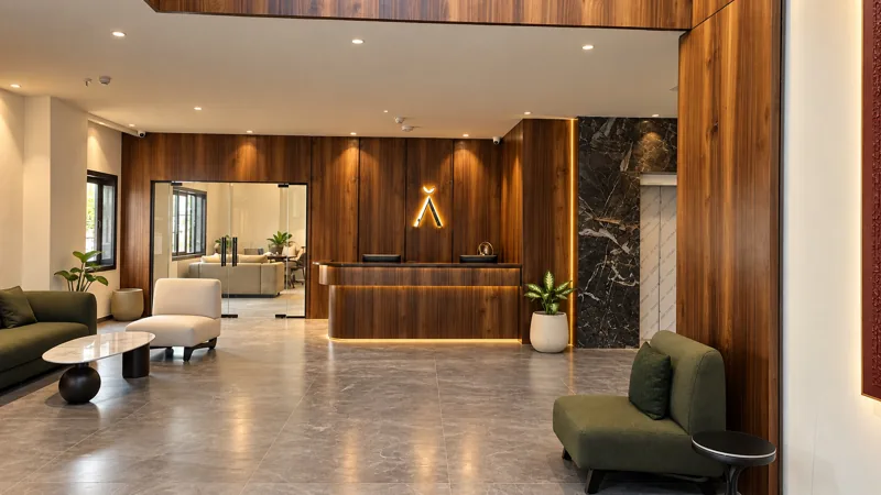 Reception desk and lobby at Amāra Hotel, Nizamabad