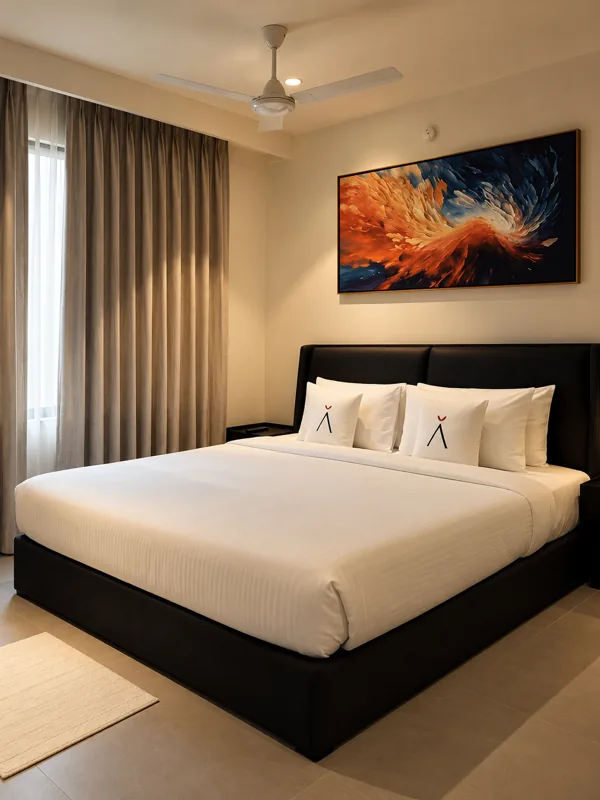 Guest room with king bed at Amāra Hotel, Nizamabad