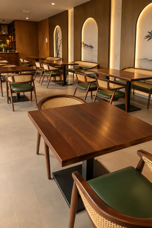 Cane chairs and wooden tables at Cafe Amara