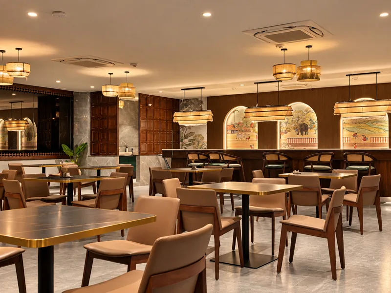 Dining room at Telugu Theory restaurant, Amāra Hotel