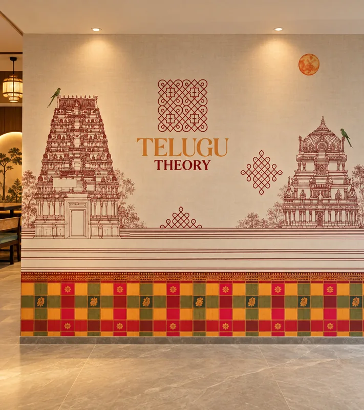 Telugu Theory signature wall with temple-art mural, Amāra Hotel